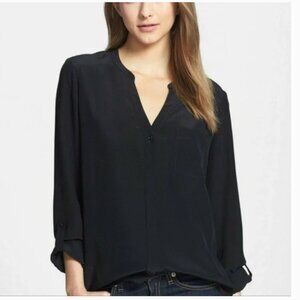 🌻Nordstrom Trouve Silk Women’s Black V-Neck Long Sleeve Button Down